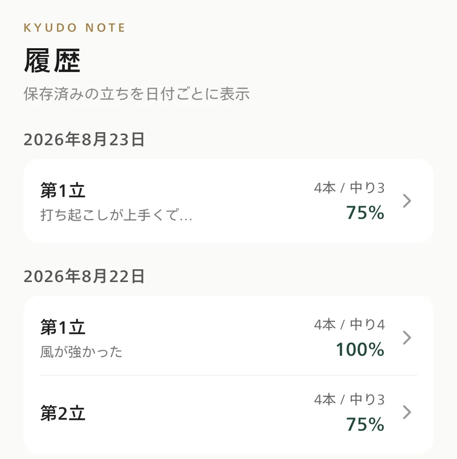 保存済みの立が一覧表示された履歴画面